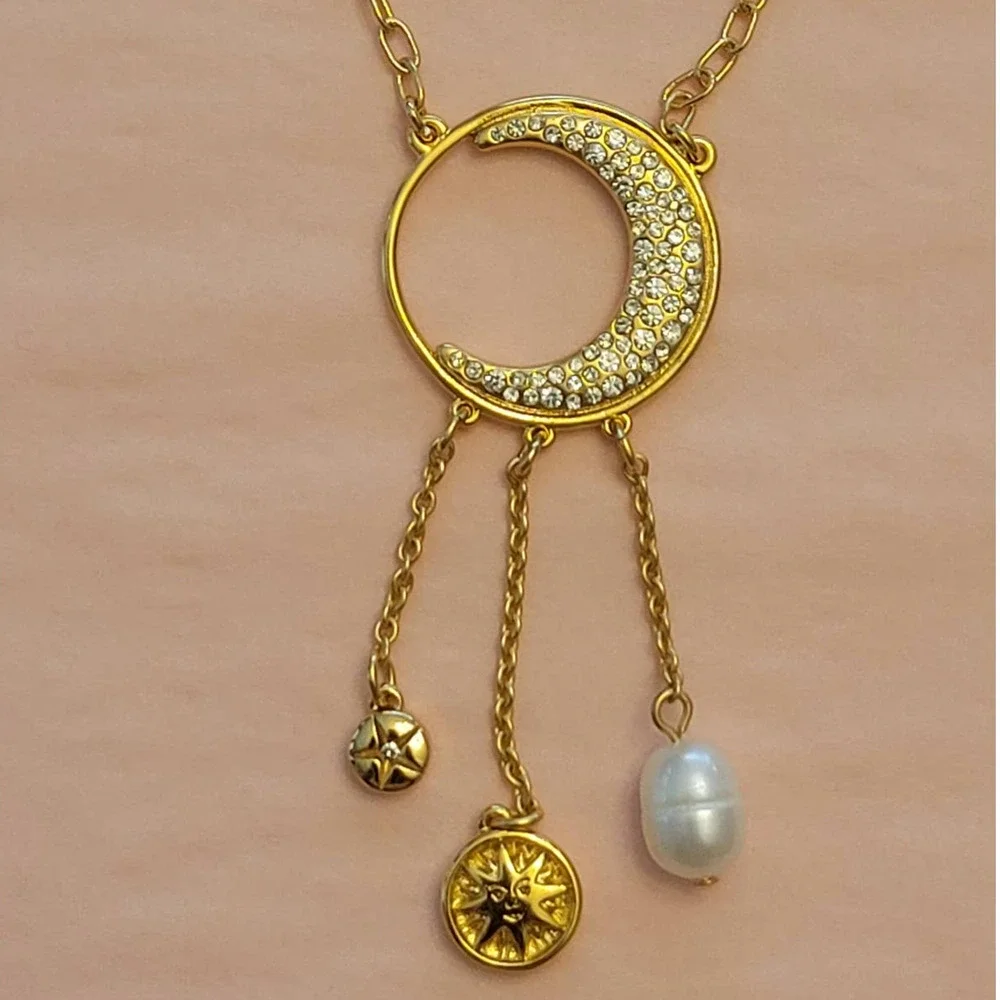 J. Crew - Long charm crescent moon gold pearl gold bohemian necklace